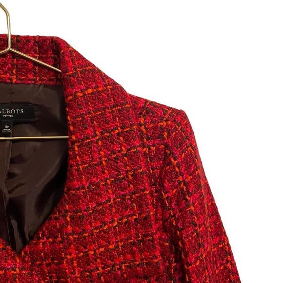 Talbots Petites Double Breasted Wool Blend Tweed Plaid Pink Red Jacket Size 8P - Picture 2 of 7
